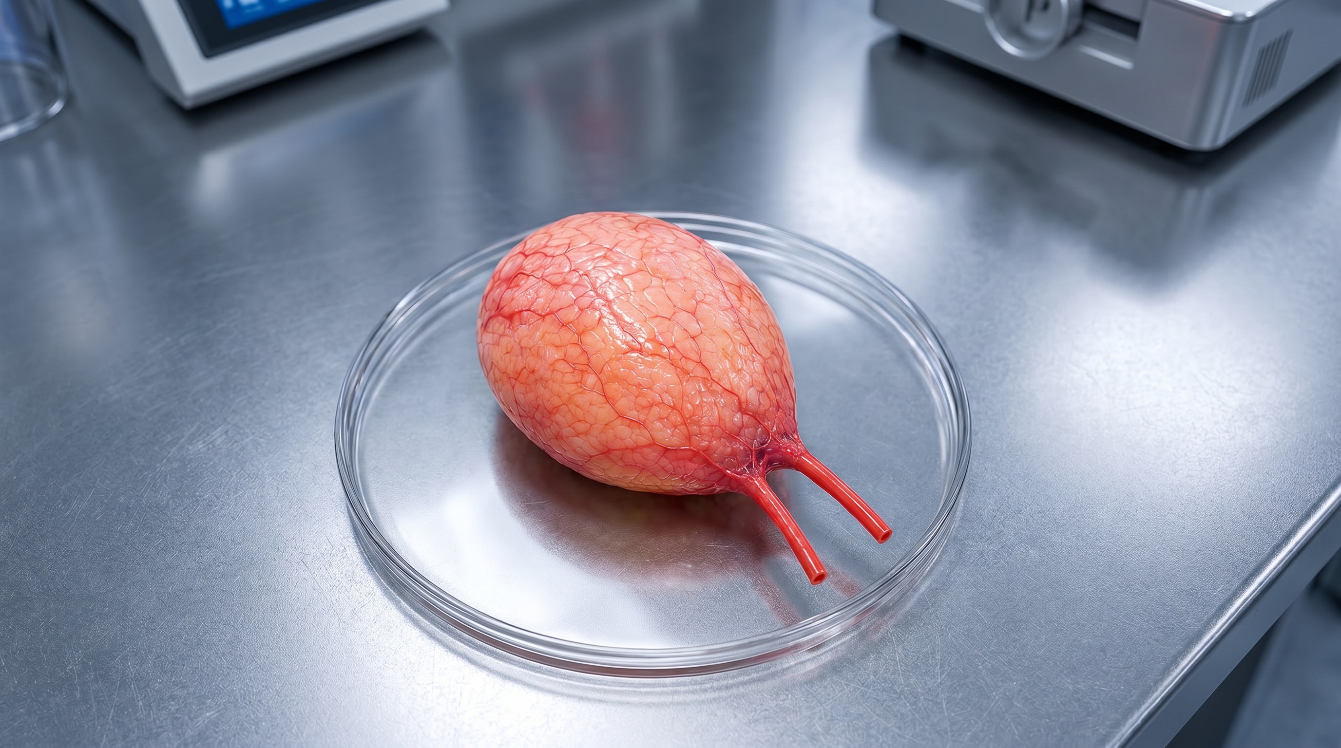 Scientist handling tissue construct with tweezers in a biotech laboratory
